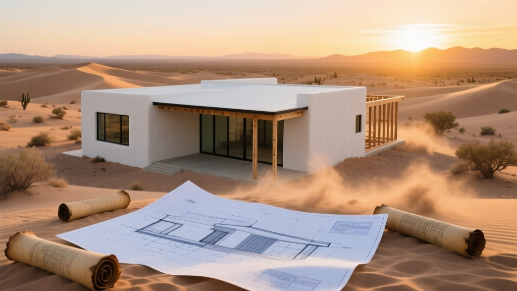 Architectural blueprints spread over a desert landscape with a modern stucco home under construction in Scottsdale Arizona at sunset