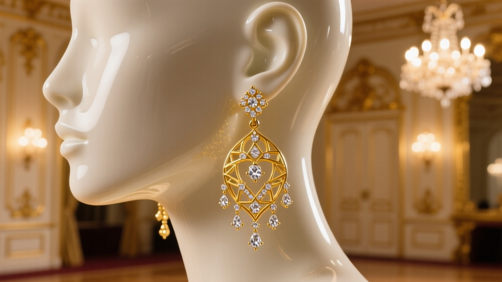 Close-up of elegant 18k yellow gold chandelier prom earrings dangling from a mannequin ear, illuminated by warm ballroom lighting.
