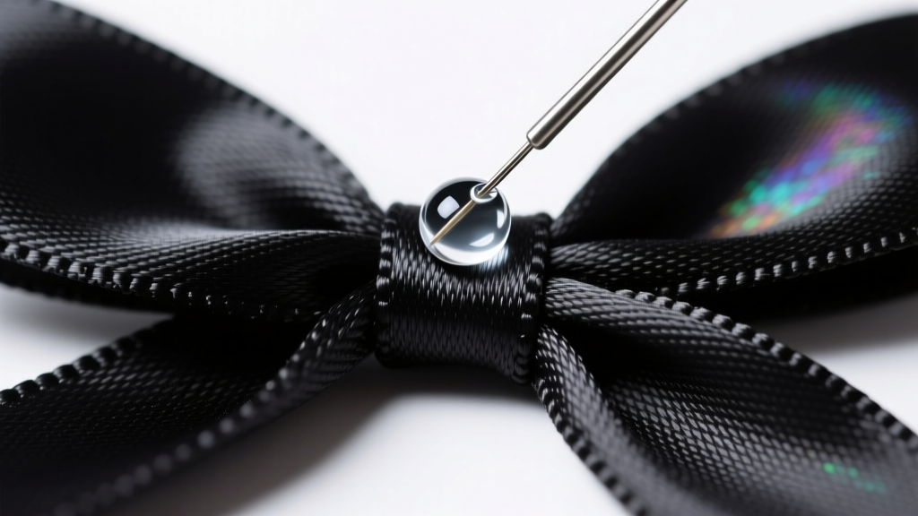 Macro shot of a precision adhesive needle applying a micro-drop of clear glue to the center knot of a black silk ribbon bow