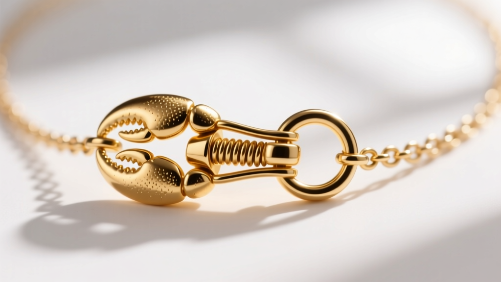 Macro view of a 14k gold lobster clasp and soldered jump ring on a fine necklace, highlighting the small mechanical spring lever.