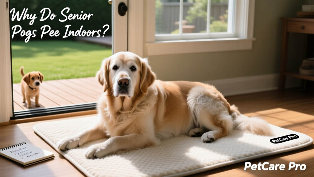 Senior dog resting comfortably on a clean, absorbent mat near a doggy door