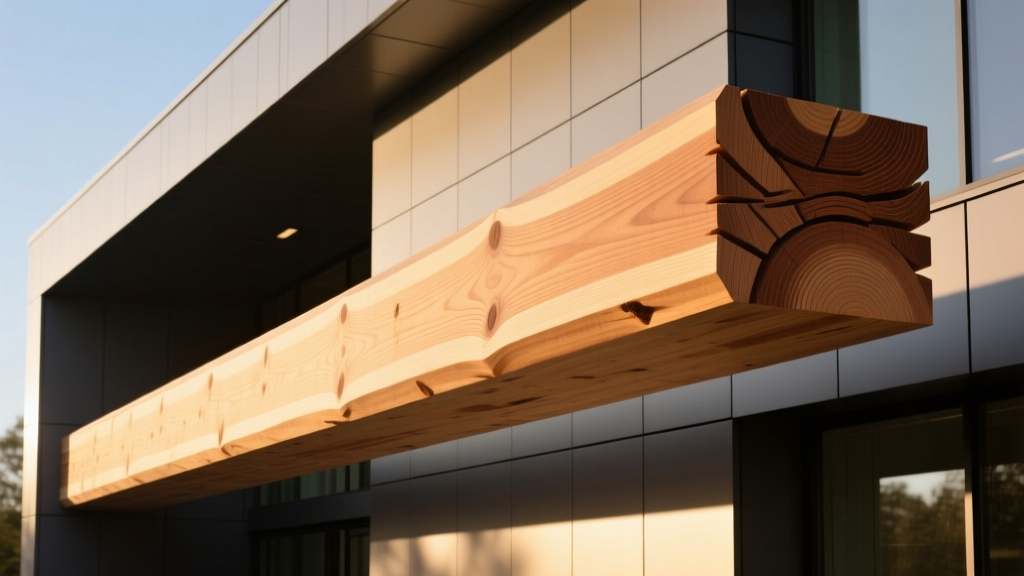 Matte acrylic latex paint applied to a massive glulam structural timber beam on a modern exterior building facade in sunlight