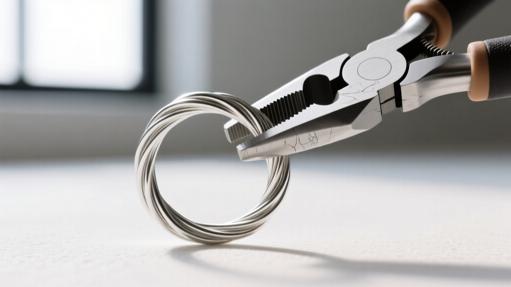 Macro shot of 20-gauge half-hard sterling silver wire bent into a smooth loop with nylon-jaw pliers, highlighting metal tension.