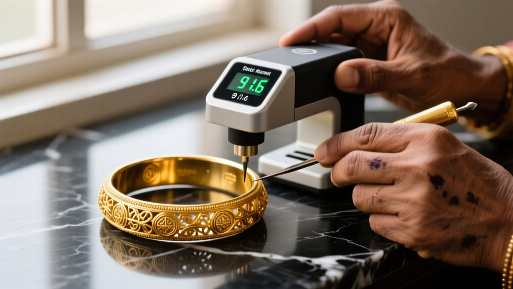 Jeweler using a digital gold purity testing machine to verify the 91.6 hallmark stamp on a traditional Indian gold bangle