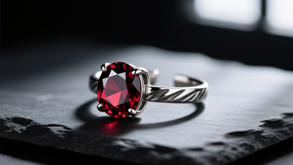 Macro photography of a 16-gauge oxidized sterling silver ear cuff featuring a faceted dark red garnet, resting on black slate