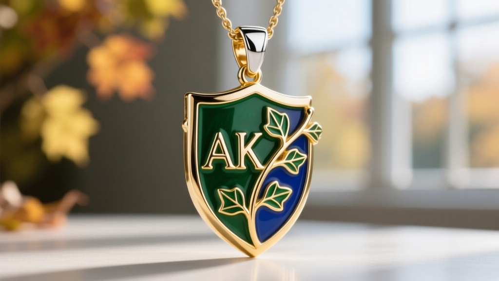 Close-up of a gold-plated sterling silver AKA shield and ivy leaf pendant, highlighting intricate enamel details and crisp edges.