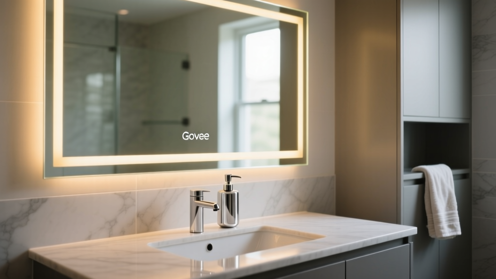 Minimalist bathroom vanity with glowing Govee LED strips behind the mirror and a silver Secura soap dispenser