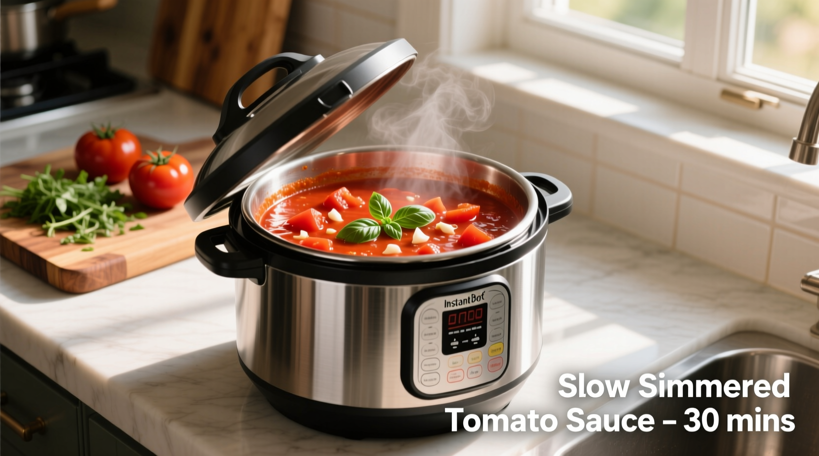 Instant Pot with vibrant red tomato sauce