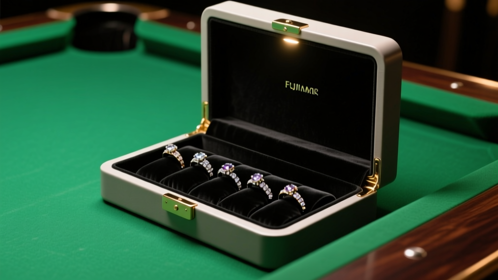 Open pool table jewelry box revealing hidden velvet ring rolls under the lifting green felt playfield, lit by warm LED lighting.