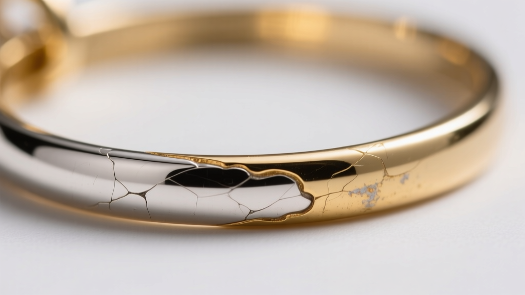 Macro shot of a vermeil pendant edge showing wear, revealing the silver base beneath the thin gold layer under soft studio lighting.