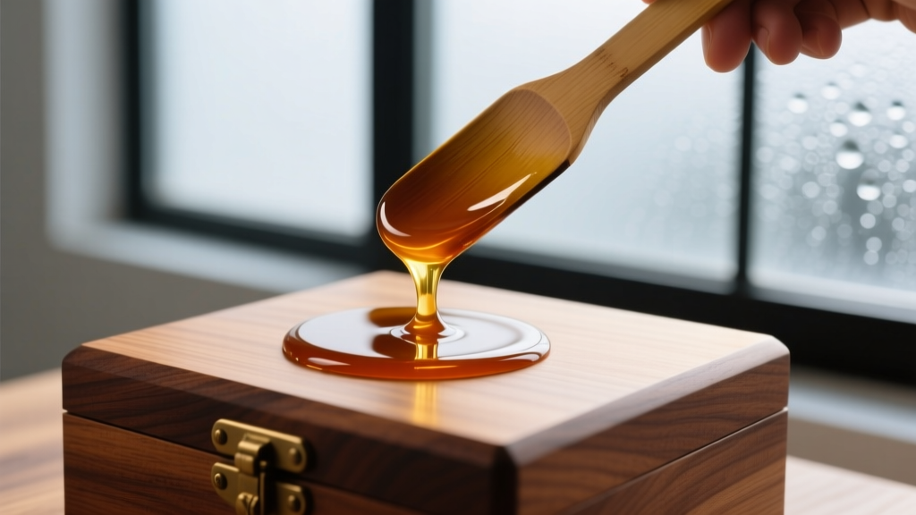 Macro shot of raw urushi sap being carefully applied to a wooden jewelry box base with a traditional spatula in a humid studio.