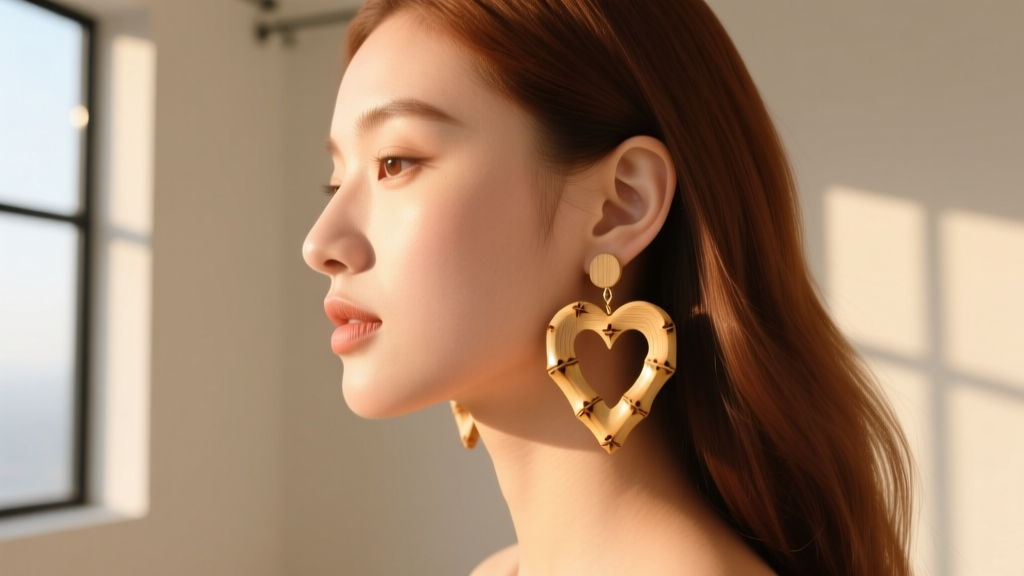 Side profile of a model wearing carved sustainable bamboo heart earrings, showing lightweight wood texture against warm sunlight.