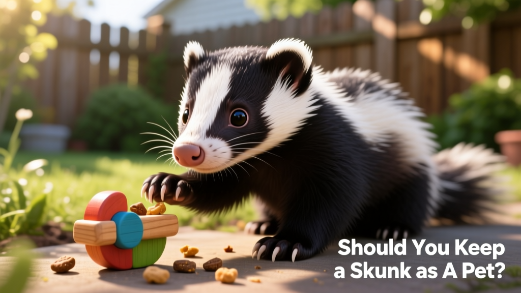 Close-up of a skunk’s paws and nose interacting with a food puzzle toy