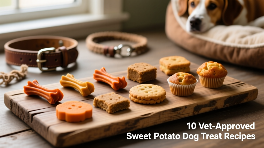 Assorted sweet potato dog treats arranged on a rustic wooden board: chews, biscuits, and mini muffins