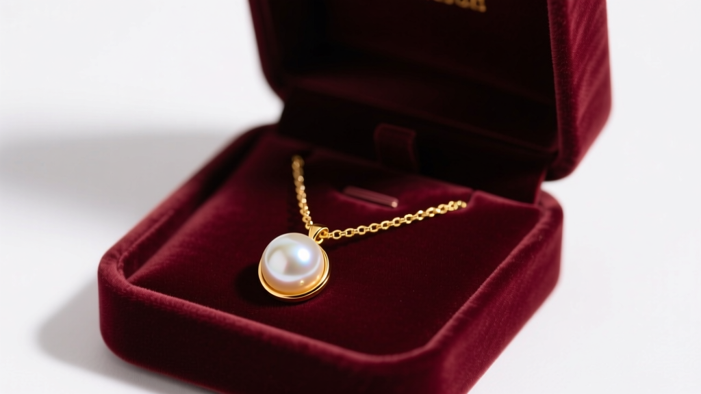 Elegant velvet box revealing an 18k gold necklace with a lustrous white Akoya pearl pendant under soft, warm studio lighting