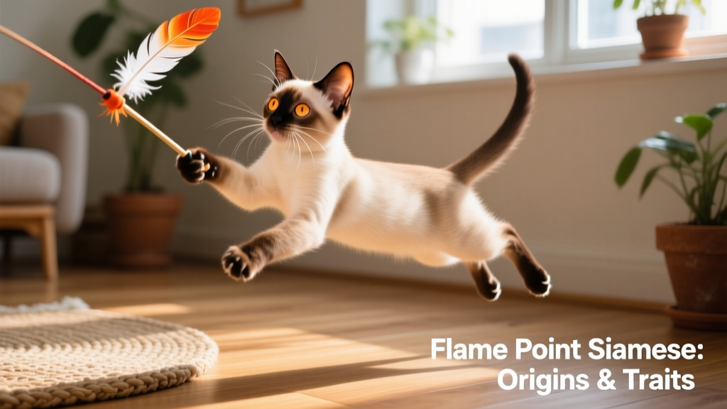 Flame Point Siamese kitten playing with a feather wand toy, showcasing agility and expressive facial features