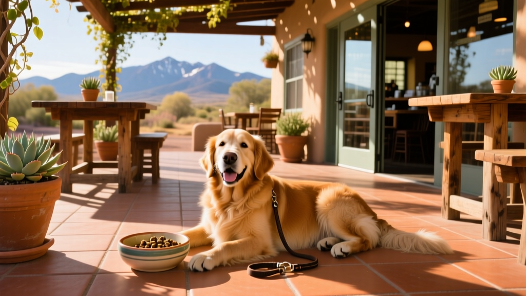 A happy dog relaxing on the shaded patio of a cozy, dog-friendly restaurant in Flagstaff