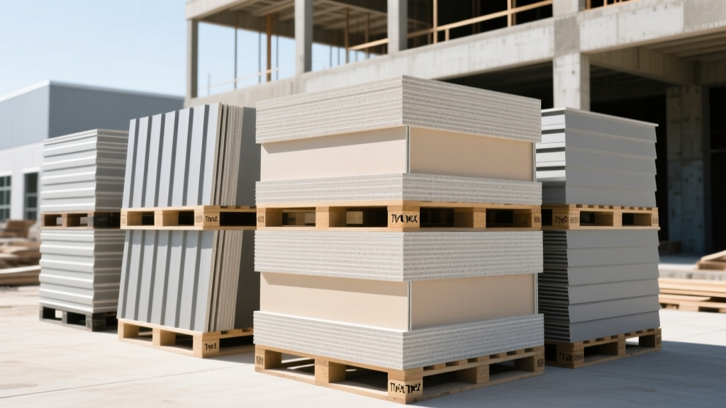 Stacked pallets of Type X fire-rated gypsum board and fiber cement siding panels at a commercial construction site.