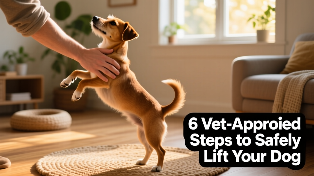 Side-view illustration showing proper hand placement under a small dog's chest and hindquarters during a lift