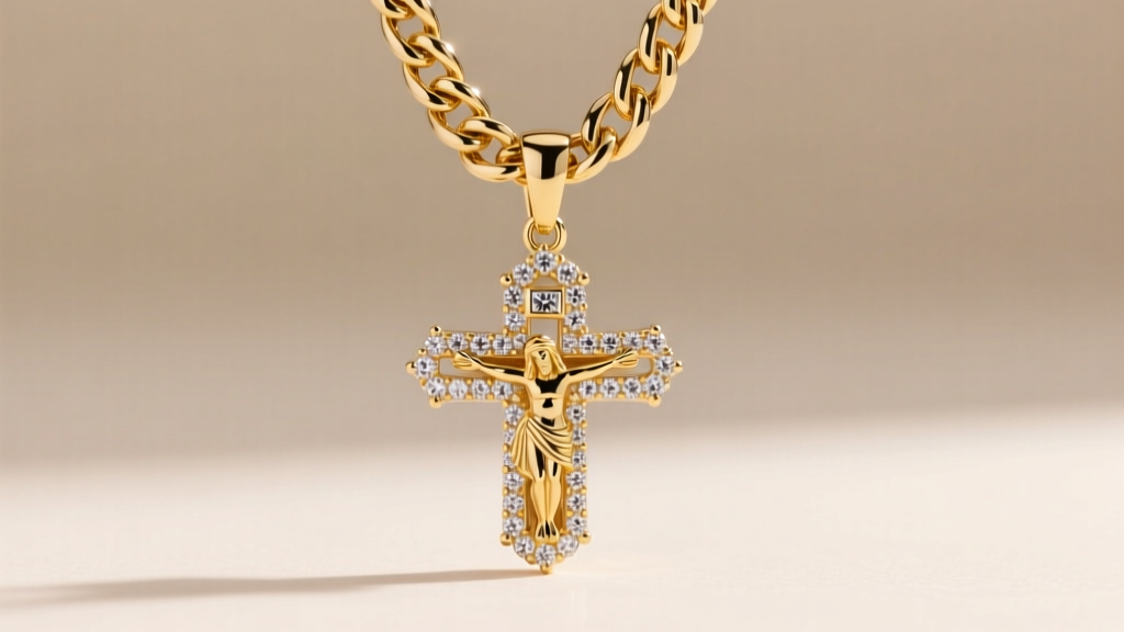 A 5mm solid 14k gold Cuban link chain threading through the reinforced bail of a heavy diamond-encrusted Jesus piece pendant.