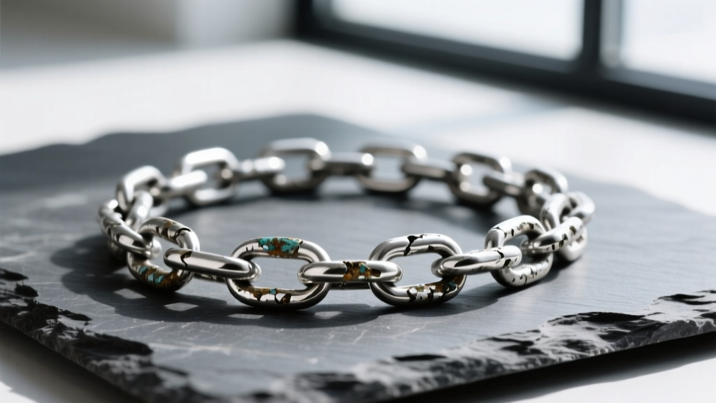 Macro photo of tarnished sterling silver chain on slate, contrasting dark silver sulfide with bright polished metal links.