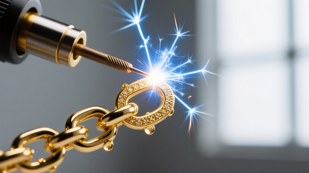 Macro photography of an Orion micro-welder electrode sparking on a 14k gold filled Plymouth permanent jewelry chain link