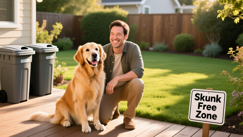 Happy dog sitting calmly beside its owner in a clean, skunk-free backyard with secure trash bins and outdoor lighting
