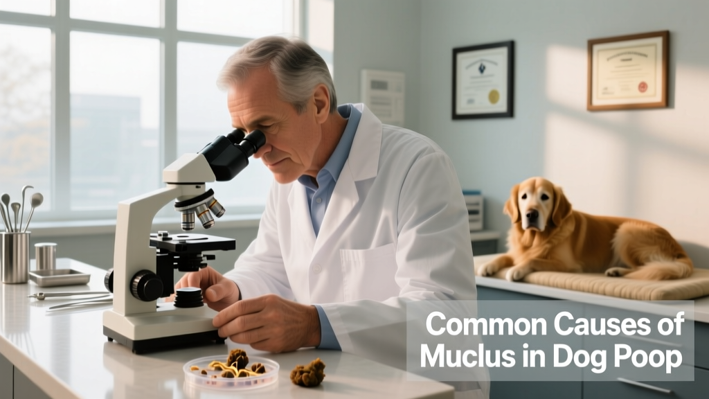Veterinarian examining a dog stool sample under a microscope in a clinical setting