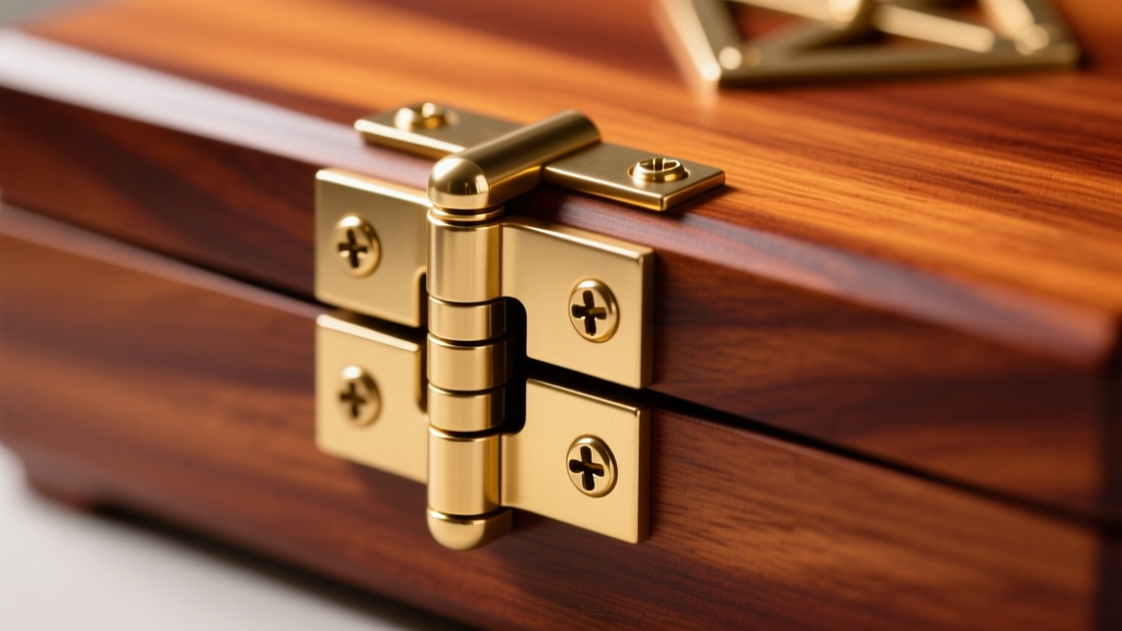Macro shot of a polished brass quadrant hinge on a cherry wood jewelry box lid, showing precise mortise edges and brass screws.