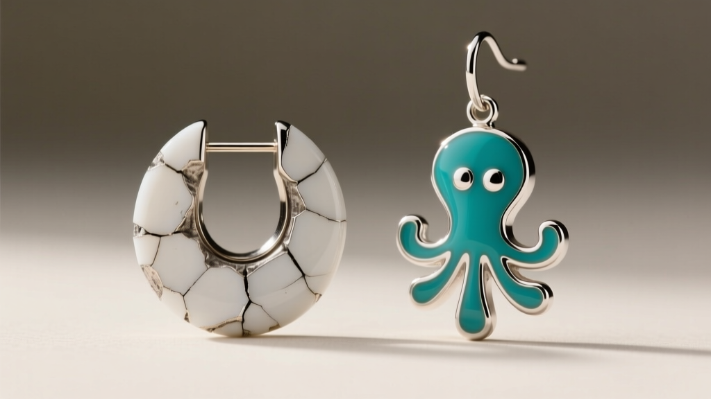 Close-up of chipped epoxy on a zinc alloy Patrick earring beside pristine high-grade enamel on a sterling silver Squidward dangle