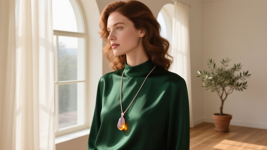 Elegant woman wearing a long rose quartz pendulum necklace over a dark emerald green silk blouse, soft natural window lighting