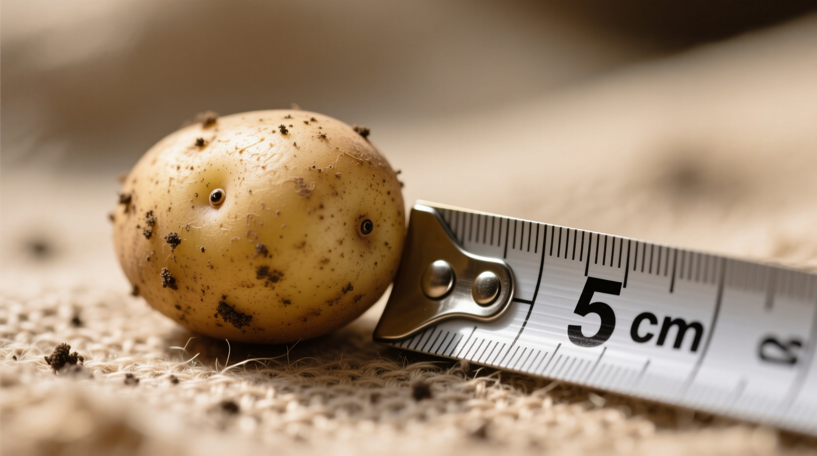 Small potato next to measuring tape showing size