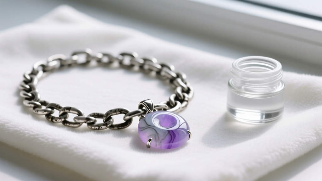 Tarnished 925 silver chain with a lavender jade pendant resting on a microfiber cloth next to a small jar of silver dip solution.