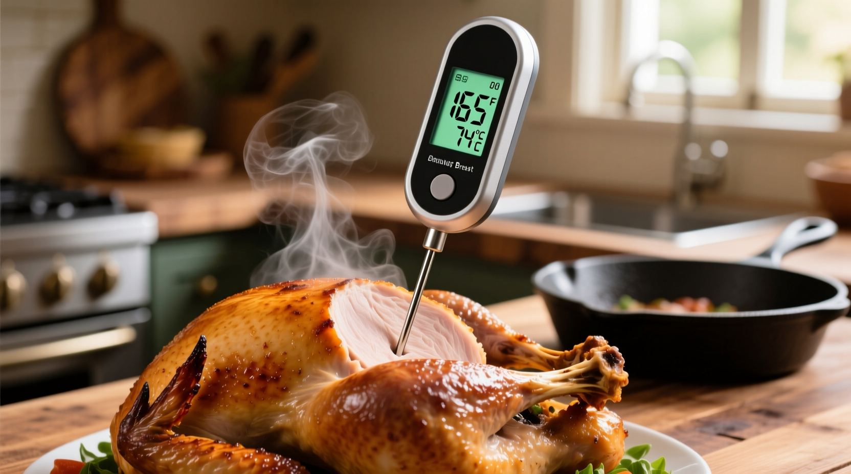 Digital food thermometer measuring turkey breast temperature