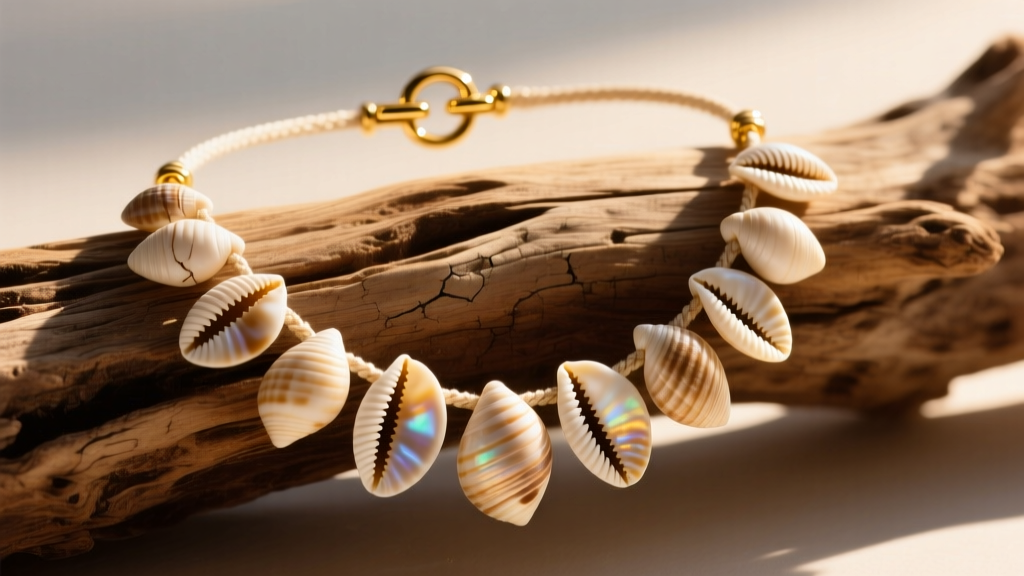 Close-up of a handmade puka shell necklace with 14k gold clasp resting on sunlit driftwood, showcasing natural shell textures