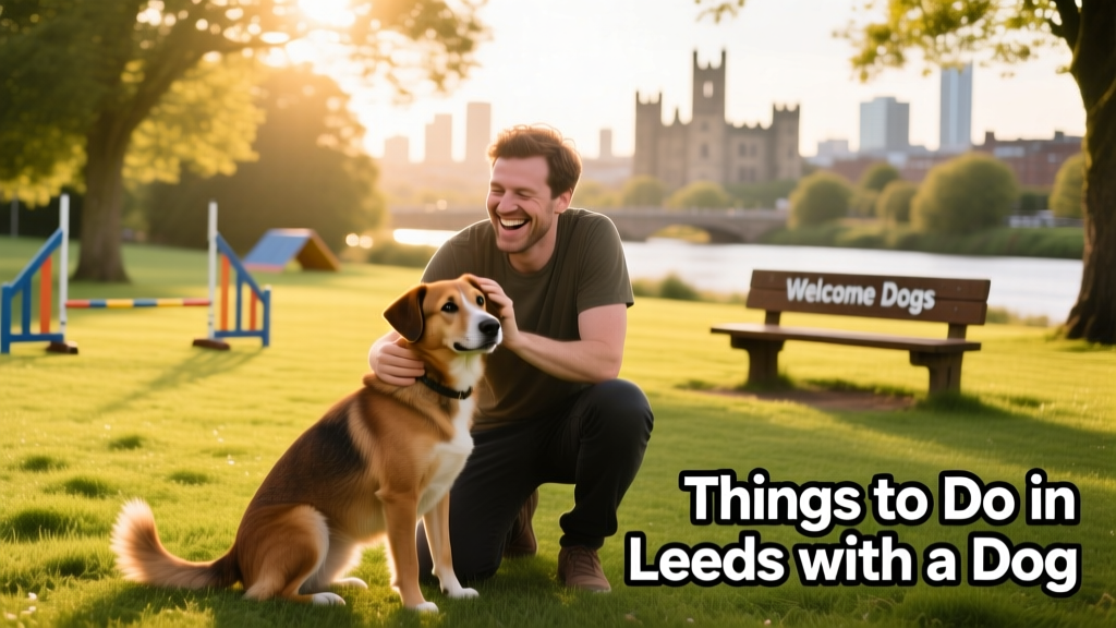 A pet parent and their dog enjoying an open green space in a dog-friendly park in Leeds
