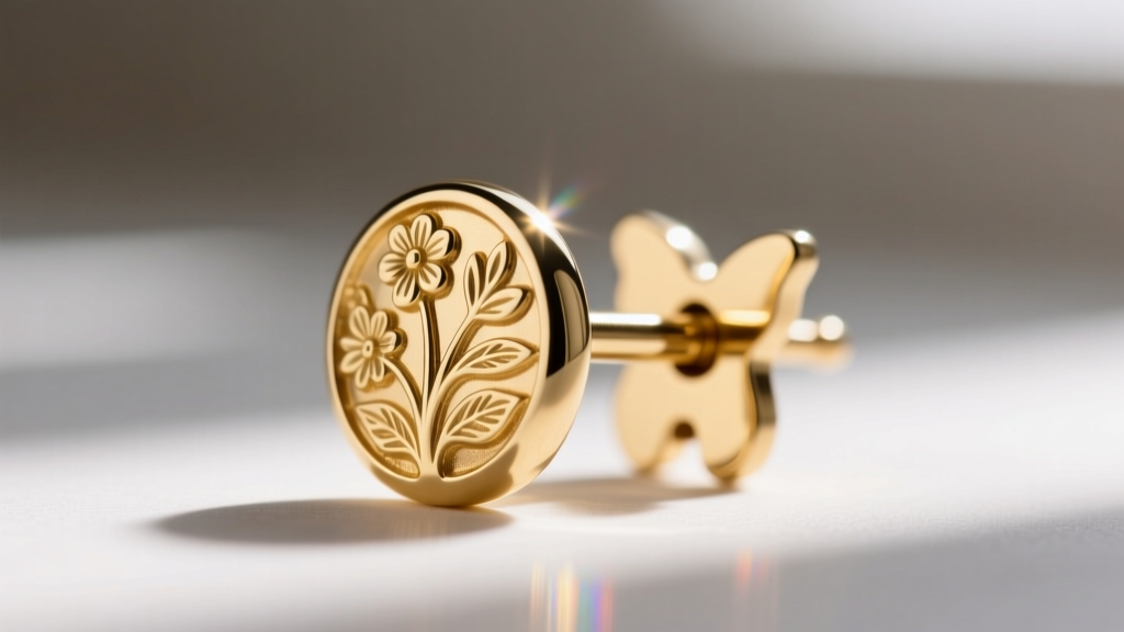 Macro shot of an 18-gauge earring post with a botanical gold front, showing the secure backing and highly polished metal finish.