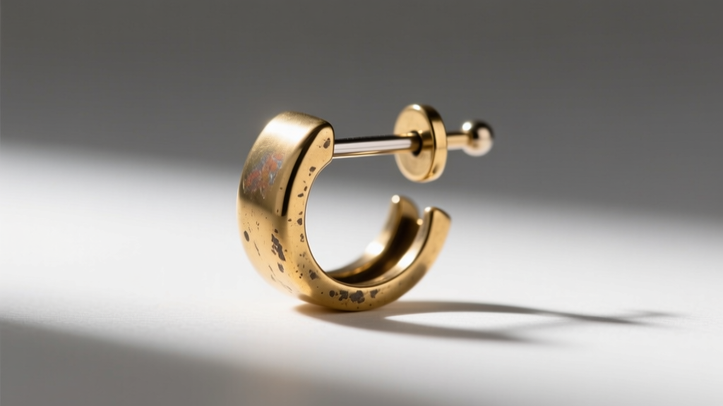Close-up of vintage brass clip-on earring modified with a new 20-gauge titanium post on a jeweler's wooden workbench with tools.