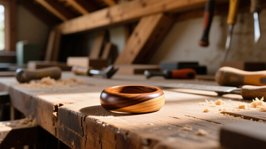 Polished walnut and maple bentwood ring resting on a rustic workbench, illuminated by warm directional sunlight in a cozy workshop