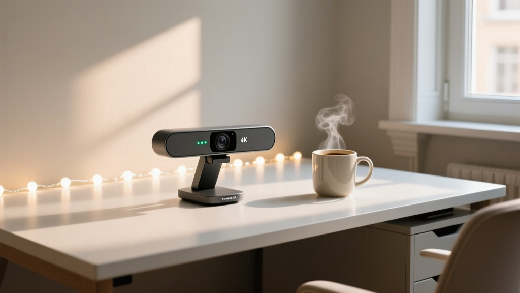 A modern home office desk adorned with warm-white smart string lights, a steaming smart mug, and a sleek 4K webcam.
