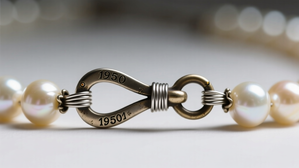 Extreme macro photography of a vintage 1950s pearl necklace fishhook clasp, showing hallmarks and hand-wrapped French wire