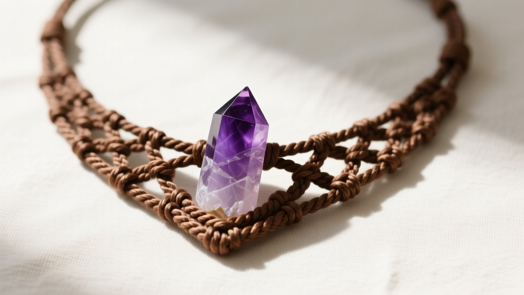 Overhead flat-lay of a handmade macrame crystal necklace featuring a vibrant raw amethyst point on a braided brown waxed cotton cord.