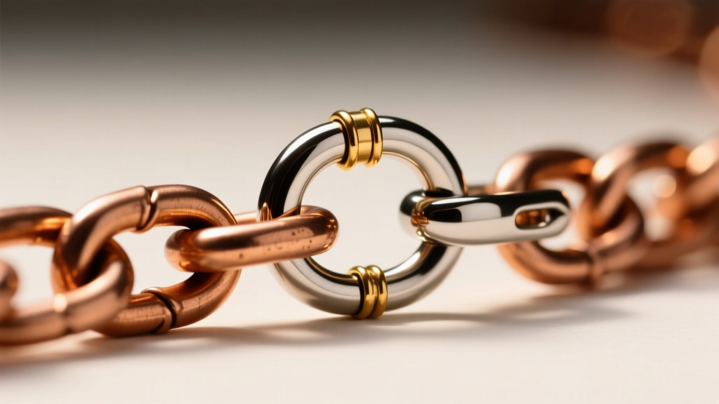 Macro view of a steel lobster clasp on a copper curb chain, highlighting the soldered jump ring and contrasting warm metal tones.
