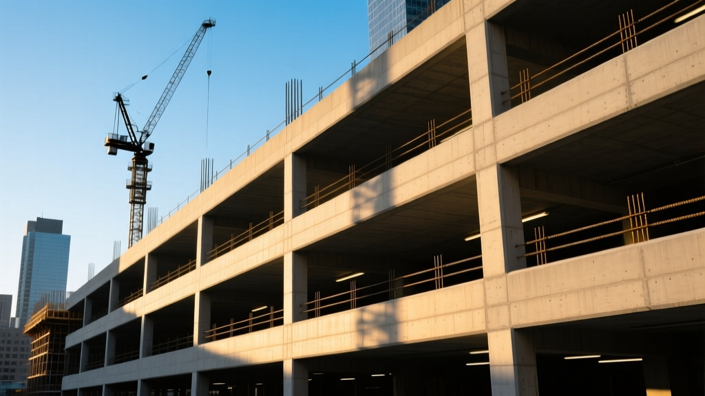 Multi-level concrete parking ramp under construction with exposed steel rebar and tower cranes in a dense urban downtown setting