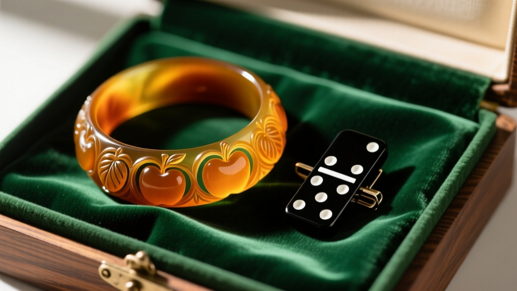 1930s carved apple juice bakelite bangle and black domino dress clip on dark green velvet fabric inside a vintage holiday gift box
