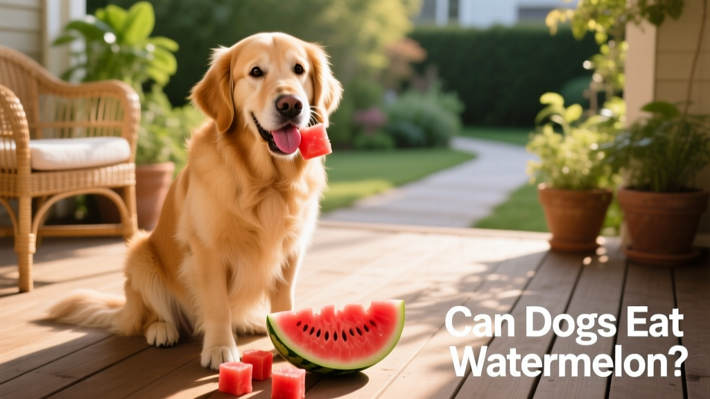 A dog happily eating small, seedless cubes of bright red watermelon on a sunny patio