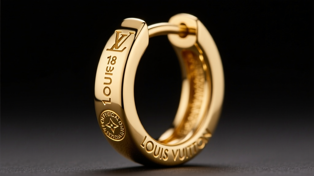 Macro view of laser-engraved serial number and hallmark on an 18k gold LV hoop earring post under bright focused studio lighting.