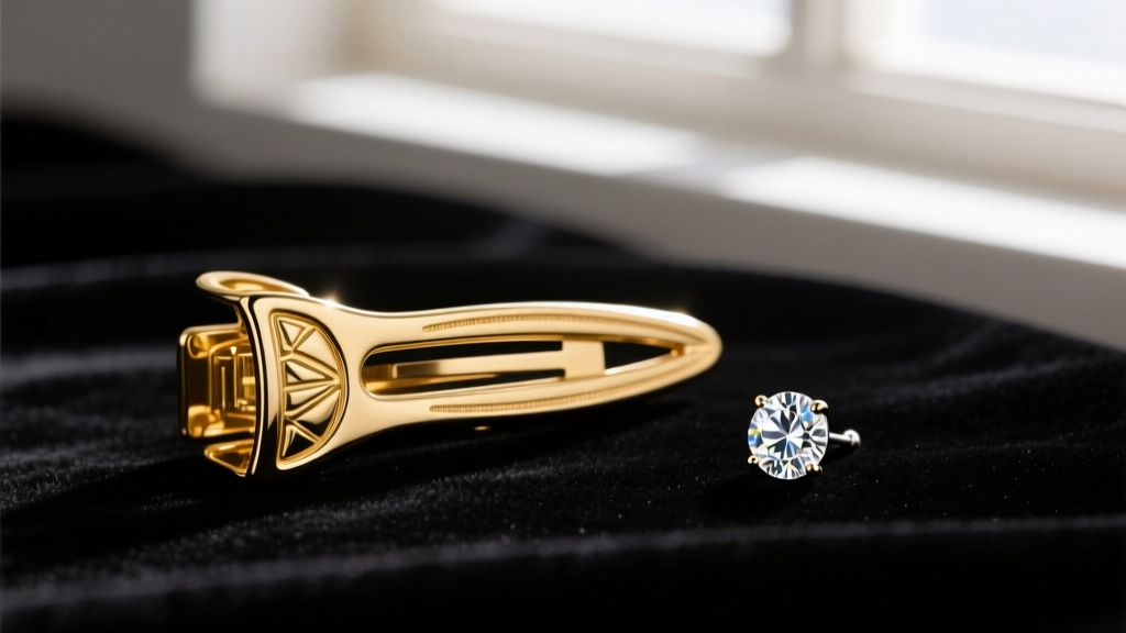 Close-up of a gold-plated paddle-back clip finding resting next to a diamond stud earring on a dark velvet jeweler