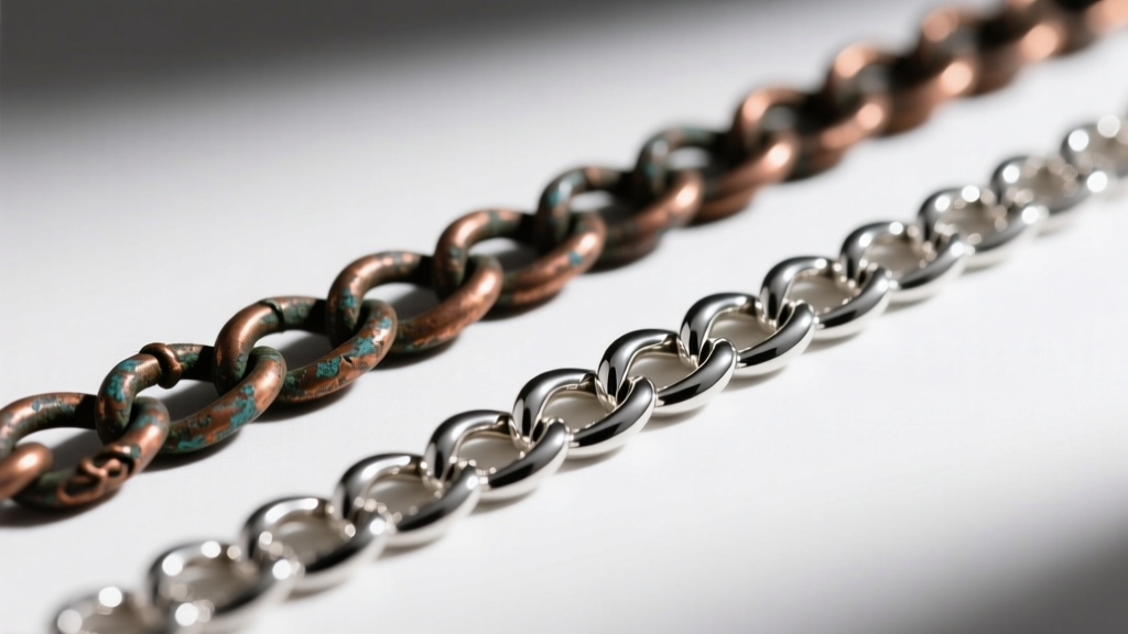Close-up of a tarnished copper-alloy silver chain beside a bright rhodium-plated 925 chain under soft studio light
