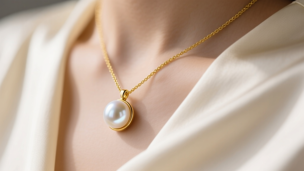 Close-up of an 18k yellow gold necklace with a round white Akoya pearl pendant resting on a cream silk blouse in soft light.